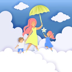 Happy mother with two kids walking along fluffy clouds and holding umbrella, vector illustration in paper art craft style. Happy Mothers Day greeting card template.