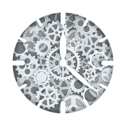 Mechanical clock or watch with cogwheel gear mechanism, vector illustration in paper art modern craft style. Steampunk style clock.