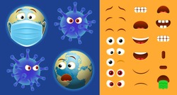 Emoji virus creator pack, vector illustration. Face parts for coronavirus emoticon constructor. Dangerous corona virus emoji character for instant messaging, chat, social media communication.