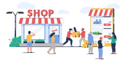 Offline to online commerce vector concept flat style design illustration. O2O retail and electronic commerce business strategy. Potential in-store customers making purchases online.