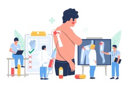 Shoulder arthritis. Patient suffering from joint pain, flat vector illustration. Tiny doctor characters holding syringe with injection, looking at xray pictures in clinic. Osteoarthritis joint disease