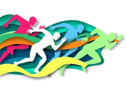 Marathon runner, sprinter, winner silhouettes, vector illustration in paper art style. Marathon finish line. Champion. Sprint, long distance race competition. Track and field.