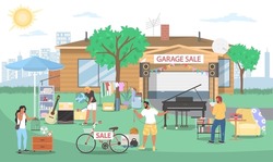 Garage sales, flat vector illustration. People buying used home furniture, household appliances, clothes, music instruments, books, dishes, sport items etc. Yard sale, flea market.