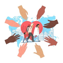 Refugees and helping hand vector poster design. Human community love, charity and support over world. Solidarity and partnership