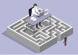 Businessman standing in front of maze with solution to success vector illustration. Hard path to big boss, career growth and leadership concept
