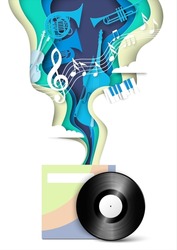 Abstract music background with vinyl disk and notes, musical instrument, treble clef vector in paper cut art craft style illustration. Musician concert, dj performance or music party event