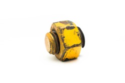 Damaged bolt with yellow screw nut on white background
