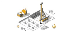 Foundation ditch construction, pits drilling and piles mountaining. Concrete mixer and drilling rig on a construction site. Vector isometric illustration.