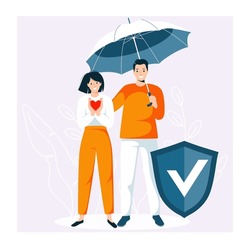 Couple standing under insurance umbrella. Man and woman protect by blue shield with check mark. Health and life insurance concept for banner, website design or landing web page

