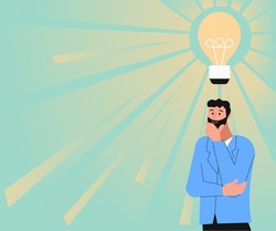 Illustration Of A Man Standing Coming Up With New Amazing Ideas. Businessman Drawing Thinking Deeply For Old Wonderful Plans. Guy Cartoon Brain Storming Brilliant Strategies.