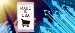 Text showing inspiration Made In Usa. Business showcase American brand United States Manufactured Local product Businessman Holding A Tablet On Hand With Arrows Going Up Abstract Design.
