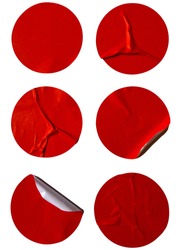 Blank red price circle adhesive paper sale stickers label set crumpled isolated on white background