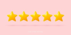 Stars rating vector illustration. 3d five stars customer review, quality service. Game rate or score. Customer feedback concept. Website or smartphone application client feedback.