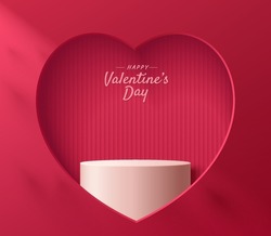 Abstract 3D red room with white cylinder pedestal or stand podium in hearth shape window. Valentine day minimal scene for product display presentation. Vector geometric rendering platform design.