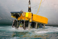 Remotely operated underwater vehicle (ROV) lifting on board of Russian carrier vessel after the working in ocean abyss
