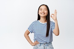 Image of teen asian girl winking and smiling, showing okay, ok gesture, assuring you, confirm something is good, confident in quality, standing over white background