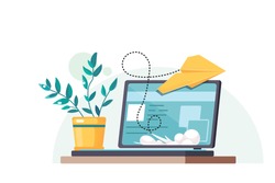 Workplace with a laptop and a flower in a pot. Yellow paper airplane. Concept design of the mailing list. Home office. Flat vector illustration.