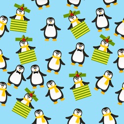 Very high quality original trendy vector seamless pattern with winter holidays happy cute Christmas penguin in scarf