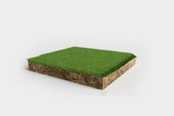 3D Illustration soil ground cross section with earth land and green grass, realistic 3D rendering circle cutaway terrain floor with rock isolated