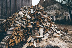 Winter preparation. Stacking Firewood. Pile of firewood loggs. Firewood background.