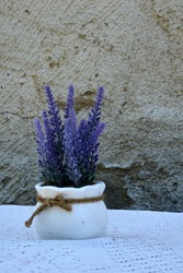 White vase with lavander on stone wall background. High quality photo