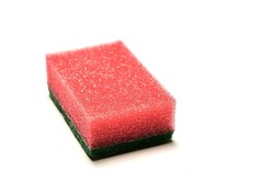 Red foam sponge for washing dishes closeup on a white background. Isolated. High quality photo