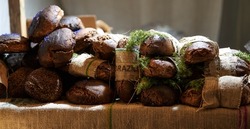 Black bread at craft fair in winter. Selective focus. High quality photo