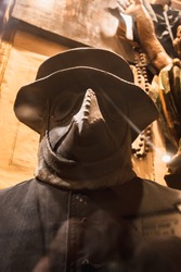 Mask with a beak. Plague doctor - protective clothing of the Middle Ages. Shallow depth of field