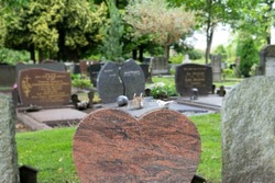 A brown marble tombstone in the shape of a heart. The tombstones in the background are blurred.