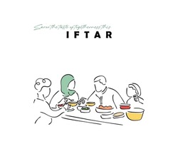 line art vector of Iftar time in Muslim family during Ramadan. Blessings of fasting and its breaking after evening. 