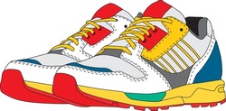 Vector drawing of colored branded sneakers. Pair of sports shoes with laces.
