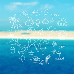 Hand drawn doodle summer icons set. Vector illustration Sketchy holiday elements collection Isolated vacation objects Cartoon beach journey symbols Summertime traveling background Tropical island