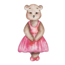 Watercolor illustration of hand painted brown teddy bear girl in dance studio in pink dress, ballet shoes. Cartoon animal character. Isolated clip art for children fabric textile prints, poster