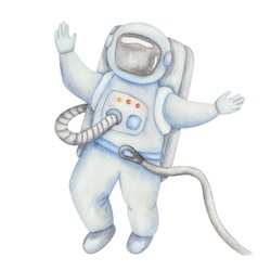 Watercolor illustration of hand painted spaceman in space costume in grey and blue colors. Flying cosmonaut. Isolated clip art Astronaut for prints, posters. International Day of Human Space Flight