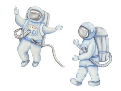 Watercolor illustration of hand painted spaceman in space costume in grey and blue colors. Flying and walking cosmonaut. Isolated clip art Astronaut for poster. International Day of Human Space Flight