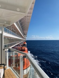 Beautiful picture from a cruise ship. Balcony of a cruise ship. Cruise ship suite