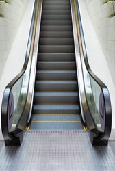 Escalator Stair Way Up/Down in Department Store, Perspective View of Architecture Modern Interior Staircase Escalators and Facade Building at Metro Train Stations. Access Gate Indoor Stair Way