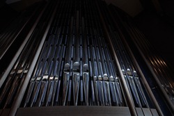 Church organ with many metal pipes