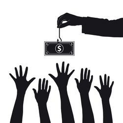 Money dollar bait and hands raised up try to catch money silhouette vector illustration.