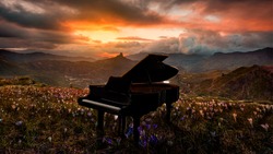 Piano in nature at sunset. Arte e instrumentos musicales. 