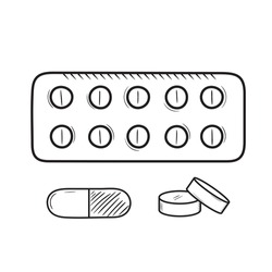 Sketch illustration of pills blister. Drugstore product. Black outline doodle of round tablets and capsule. Isolated drawing on white