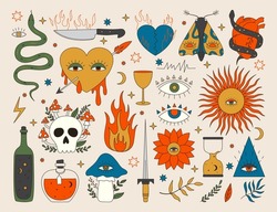 Vector set of 70s psychedelic tattoo clipart. Retro groovy graphic elements of snake, heart, skull, eye, mushrooms, potion. Cartoon hippy stickers. Vintage boho illustrations