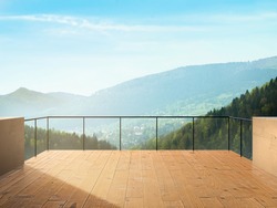 Balcony View Of Town and Forest In Mountains Landscape During Sunny Day