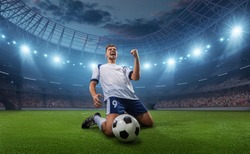 Soccer player celebrates a victory on the professional stadium . Stadium and crowd are made in 3D.