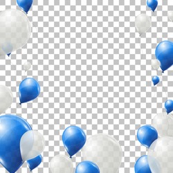 Blue and white helium balloons on transparent background. Flying latex ballons. Vector illustration. 