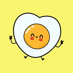 Cute funny jumping fried eggs character. Vector hand drawn cartoon kawaii character illustration icon. Isolated on yellow background. Fried eggs character concept