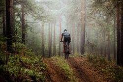 male athlete mountainbiker rides a bicycle along a forest trail. in forest mist, mysterious view