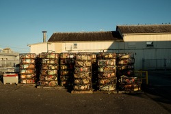 Stored crab and lobster pots, or traps, at the Blaine docks in Washington State, USA