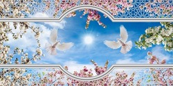 Bottom view of pink white cherry blossoms, flying dove and sunny sky. photo for stretch ceiling decoration. in traditional islamic pattern and 3d gray frame