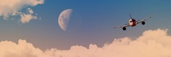 Panoramic view of dramatic sky. Airplane flying above the clouds in the sky. full moon in the background.